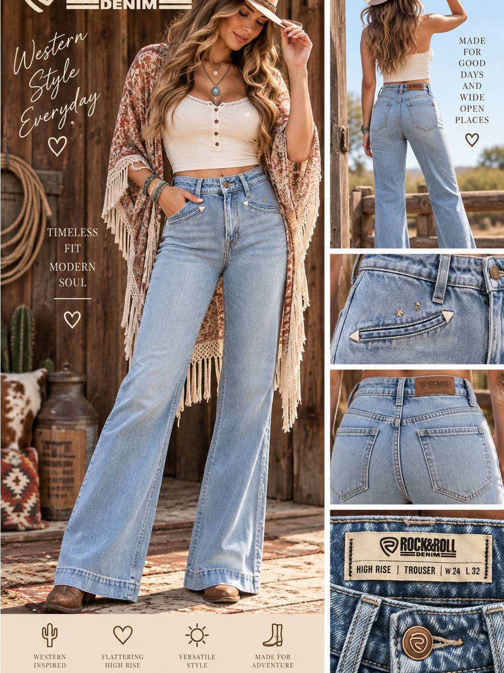 Rock & Roll Denim High Rise Trouser Jeans NWT | 24x32 | Light Wash
